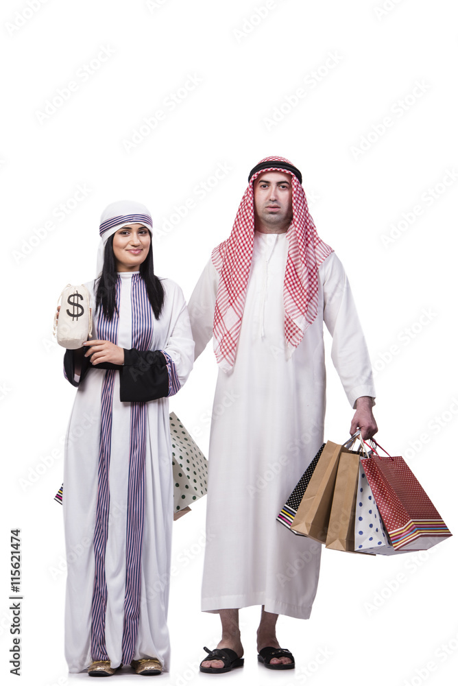 Happy arabic family after shopping isolated on white Happy arabic family after shopping isolated on white