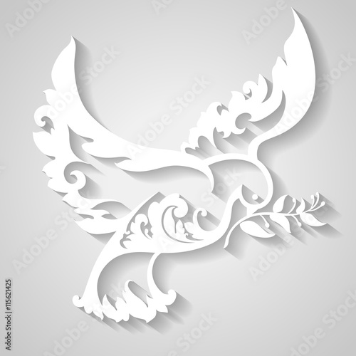 Ornamental dove with olive branch. Symbol of peace. 