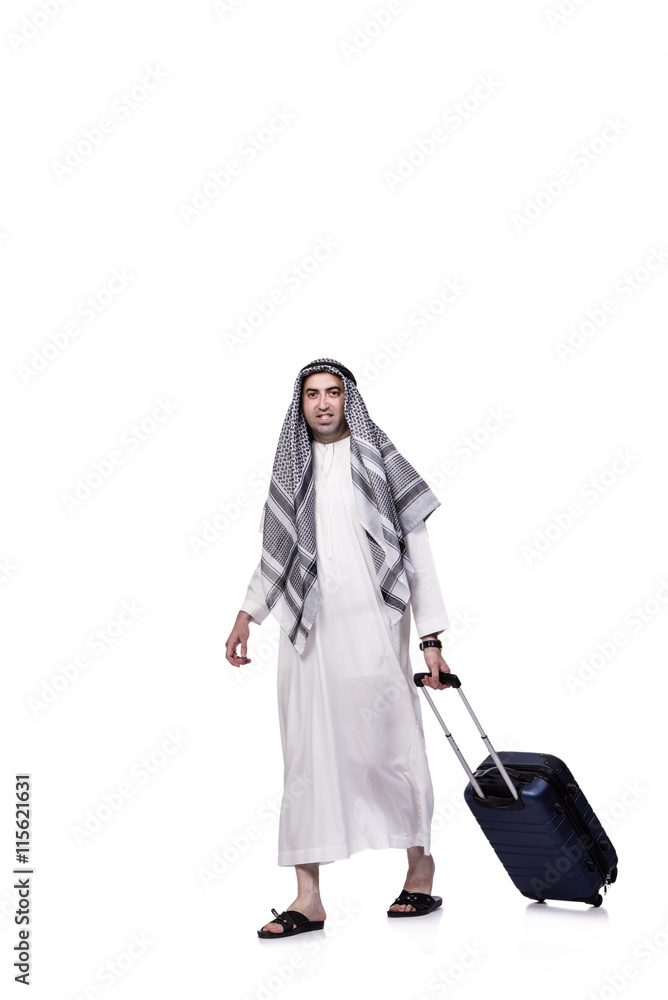 Arab man with suitcase in travel concept isolated on white Arab man with suitcase in travel concept isolated on white