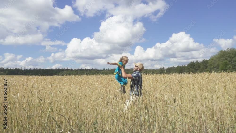 Father playing with young daughter on raising his hands above his head in a wheat field.Slow motion. Father playing with young daughter on raising his hands above his head in a wheat field.Slow motion.