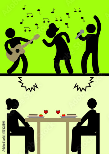 Illustration Lärmbelästigung; Lautstärke; Musik; Ruhe; Störung; Nachbarschaft; Pause; belästigen