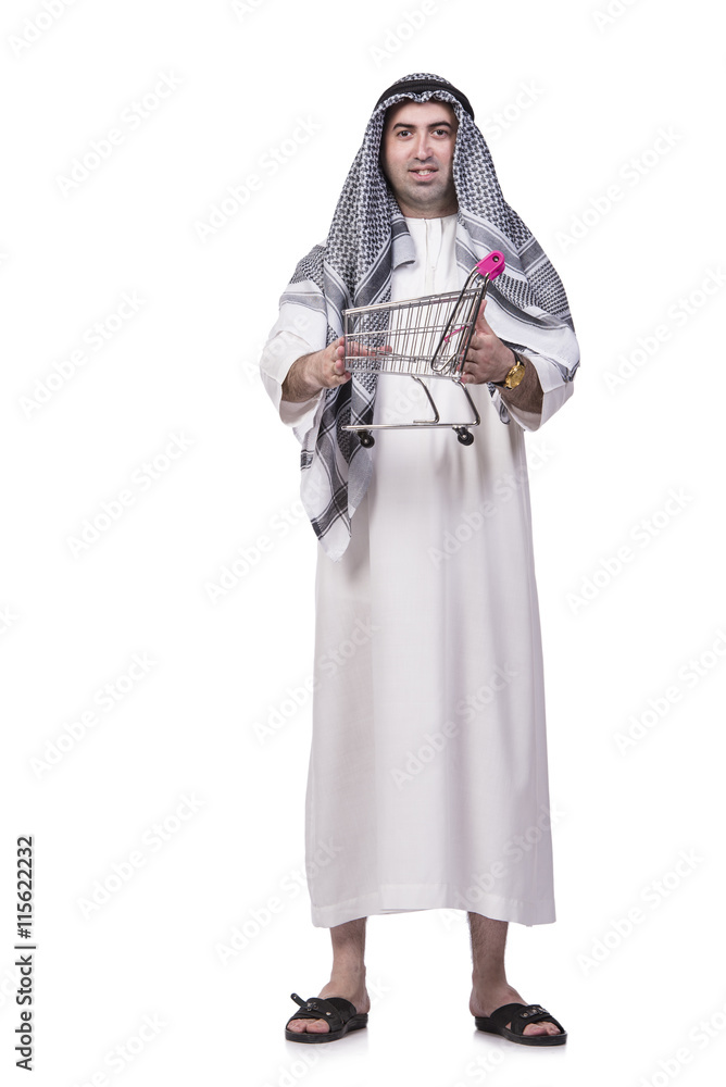 Arab man with shopping cart trolley isolated on white Arab man with shopping cart trolley isolated on white