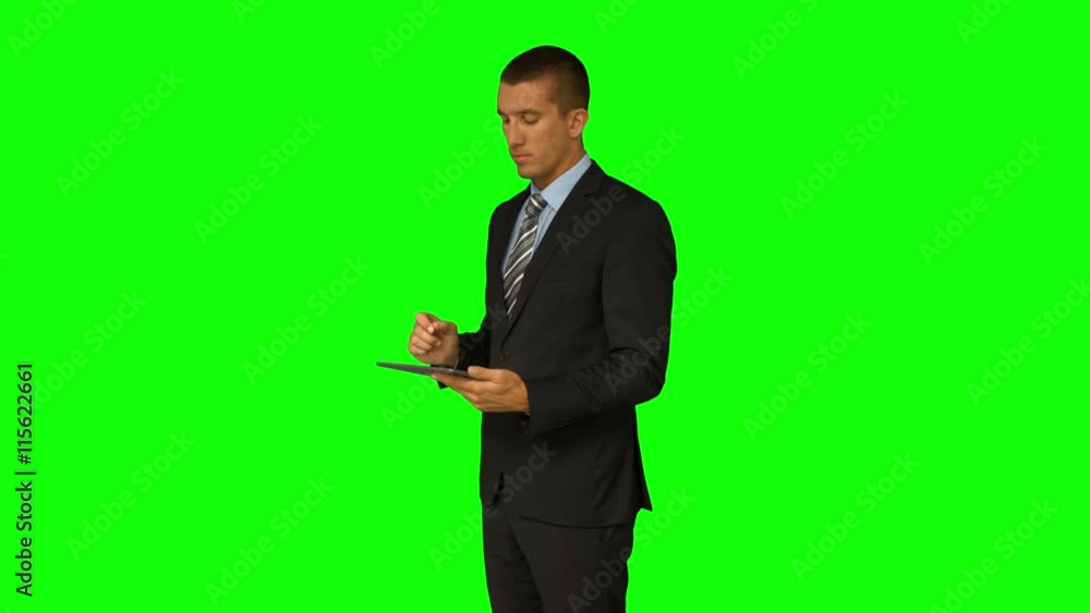Businessman using his tablet pc on green screen background Businessman using his tablet pc on green screen background