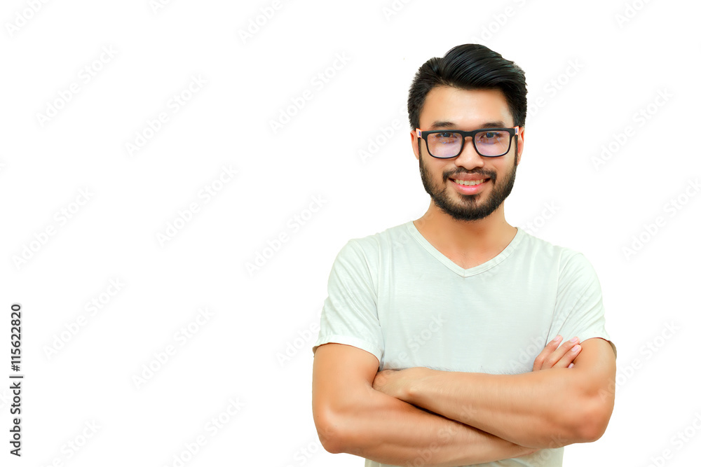 Asian handsome man with a mustache, smiling and laughing isolate Asian handsome man with a mustache, smiling and laughing isolate