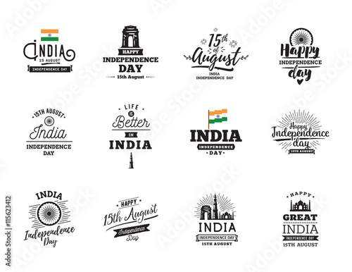 India Independence day, 15th august. Vector emblems.