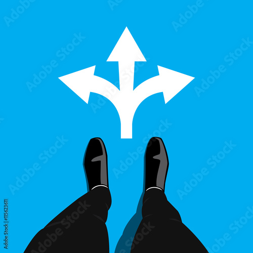 Businessman standing at the three ways crossroad