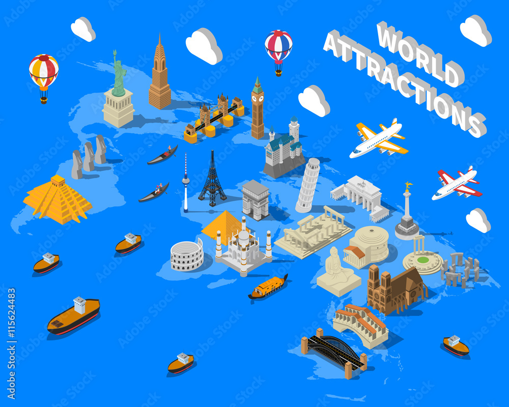 Obraz premium Isometric World Famous Landmarks Map POster