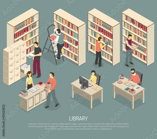 Documents Library Archive Interior Isometric Illustration 