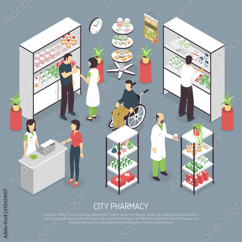 City Pharmacy Interior Isometric Composition Poster 