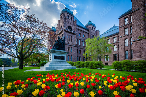Photography Tulips and statue outside the Legislative Assembly of Ontario, i