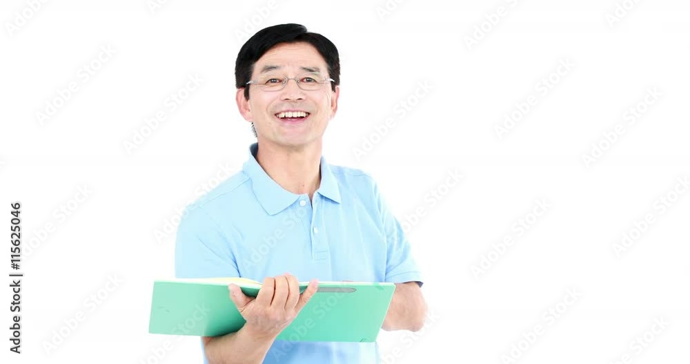 Asian man reading and pointing something on white screen Asian man reading and pointing something on white screen