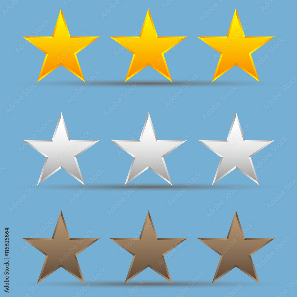 Fototapeta premium Set of gold, bronze, silver stars. Set of star winners