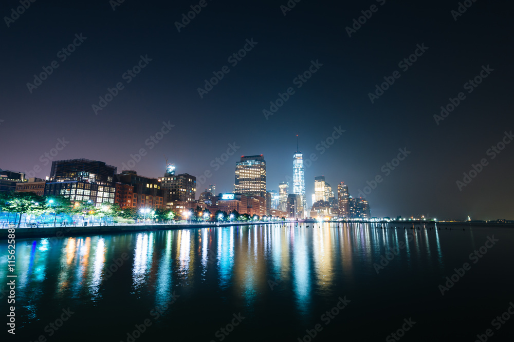 View of Lower Manhattan from Pier 34 at night, in Hudson River P