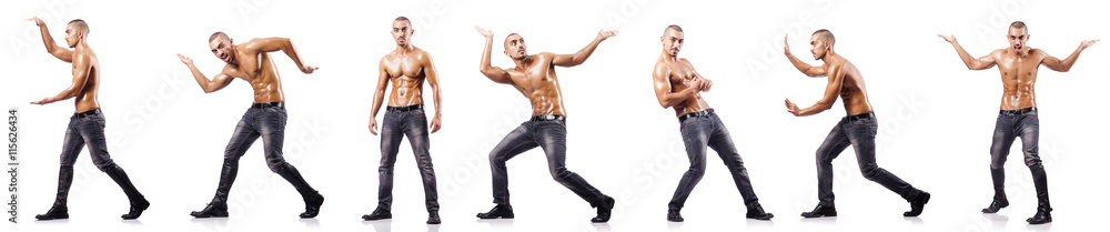 Ripped man pushing away virtual obstacle Ripped man pushing away virtual obstacle