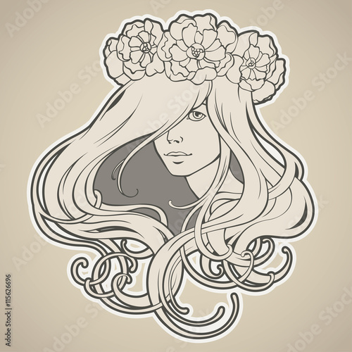 Art Nouveau styled girl with long hair in wreath