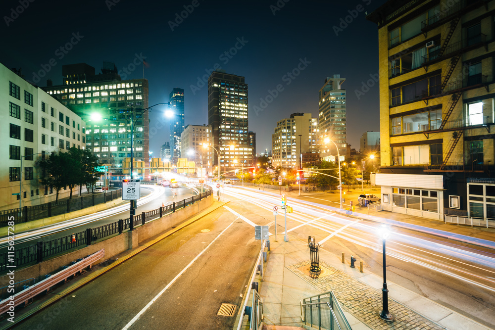 View of an intersection in SoHo at night, in Manhattan, New York
