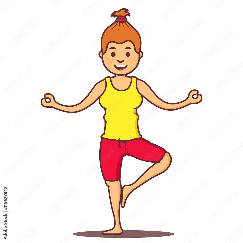 Obraz premium Vector cartoon beautiful woman exercising yoga poses.Health girl relax in fitness poses.