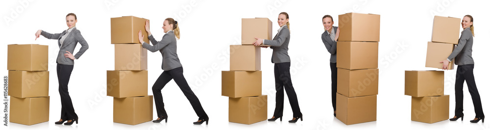 Composite image of woman with boxes on white