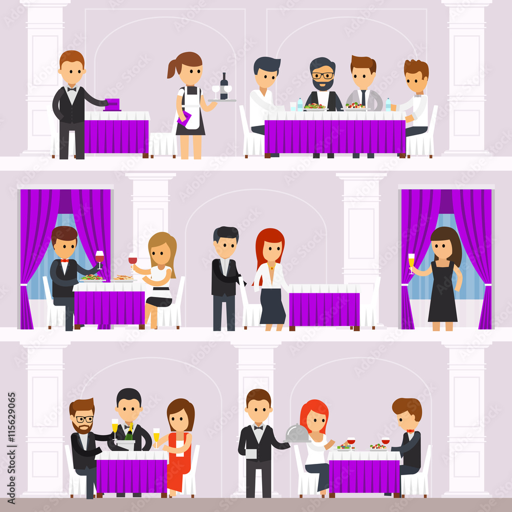 Restaurant interior with people, resting, people order food, waiters bring dishes, men and women eat. Infographic elements. The interior design of the restaurant vector flat illustration.
