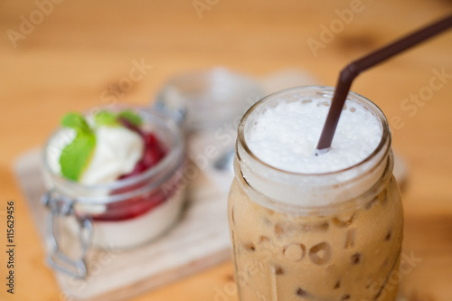 ice coffee and strawberry panacotta photo