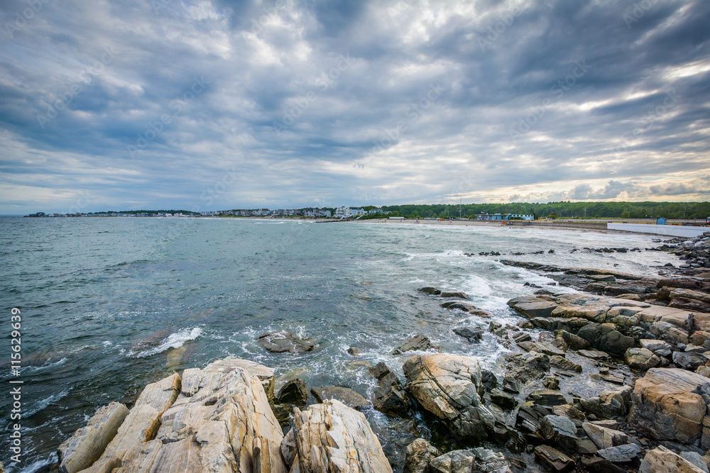 View of rocky coast in Rye, New Hampshire.