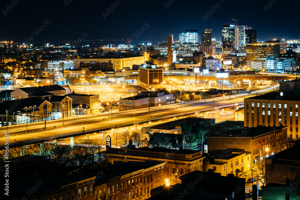 View of the Jones Falls Expressway and buildings at night, from