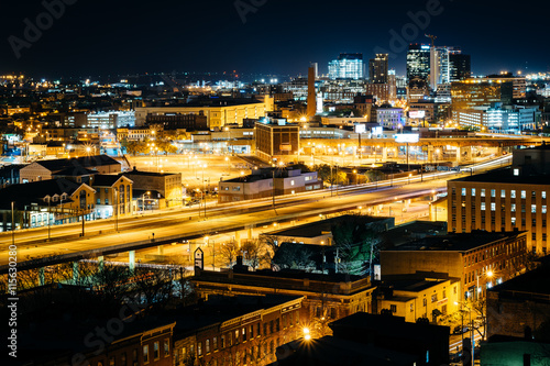 View of the Jones Falls Expressway and buildings at night, from