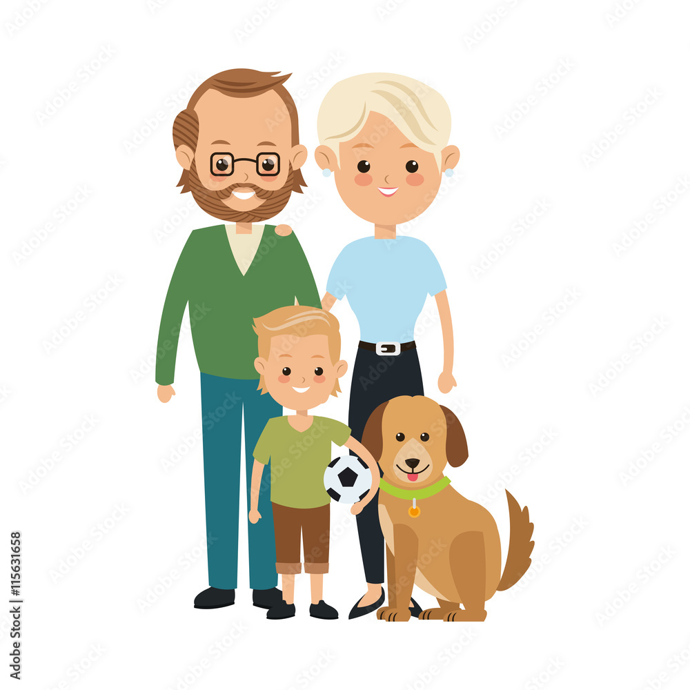 Family cartoon concept represented by parents and son with dog icon. Isolated and Colorfull illustration.