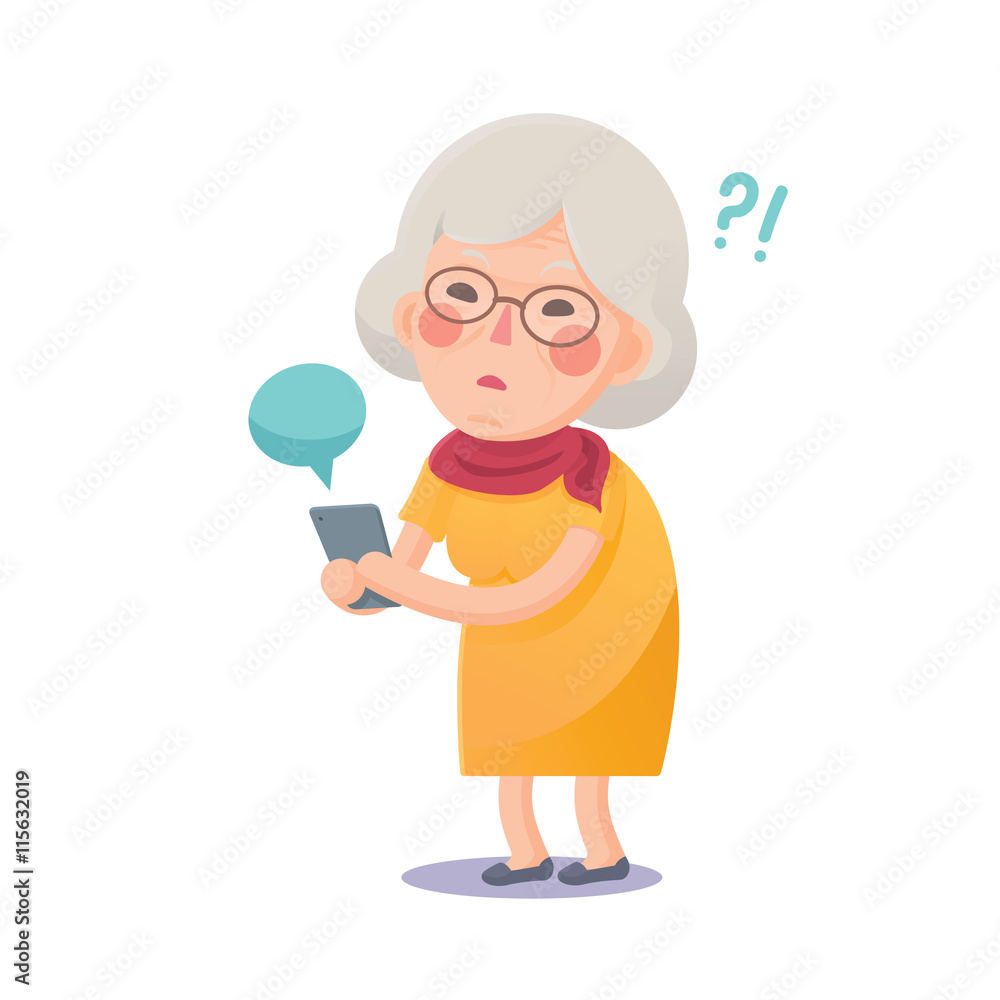 Vector Illustration of Confused Grandma Using Smart Phone Isolated on White Background, Cute Cartoon Character
Vector Illustration of Confused Grandma Using Smart Phone Isolated on White Background, Cute Cartoon Character