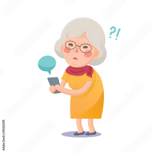 Vector Illustration of Confused Grandma Using Smart Phone Isolated  on White Background, Cute Cartoon Character
