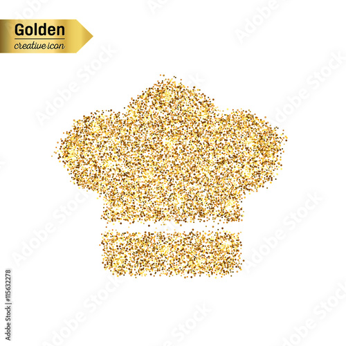 Gold glitter vector icon of chef isolated on background. Art creative concept illustration for web, glow light confetti, bright sequins, sparkle tinsel, abstract bling, shimmer dust, foil.