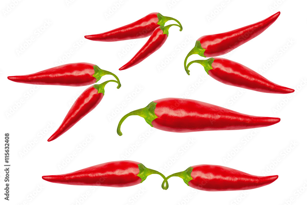 Red hot chili peppers with clipping path isolated on white. Red hot chili peppers with work path. Spicy chilli peppers.