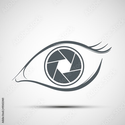 Logo human eye in the form of lens. Aperture shutters. Stock vec