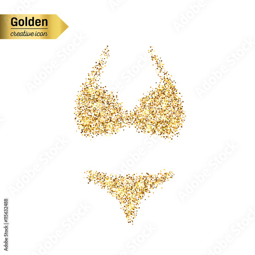 Gold glitter vector icon of swimsuit isolated on background. Art creative concept illustration for web, glow light confetti, bright sequins, sparkle tinsel, abstract bling, shimmer dust, foil.