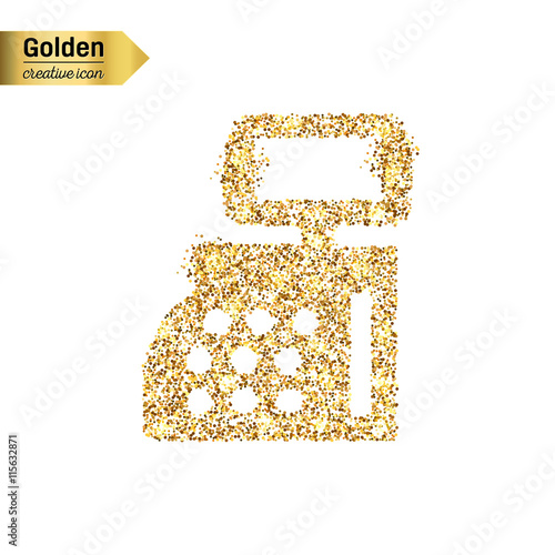 Gold glitter vector icon of cash register isolated on background. Art creative concept illustration for web, glow light confetti, bright sequins, sparkle tinsel, abstract bling, shimmer dust, foil.