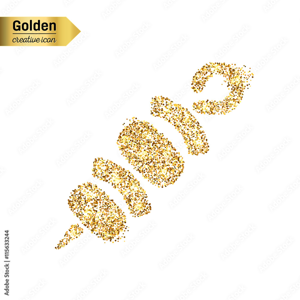 Gold glitter vector icon of shish isolated on background. Art creative concept illustration for web, glow light confetti, bright sequins, sparkle tinsel, abstract bling, shimmer dust, foil. Gold glitter vector icon of shish isolated on background. Art creative concept illustration for web, glow light confetti, bright sequins, sparkle tinsel, abstract bling, shimmer dust, foil.