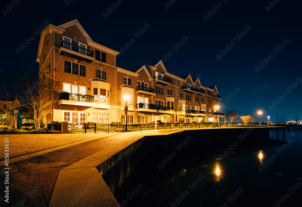 Waterfront apartment building at night, in Canton, Baltimore, Ma