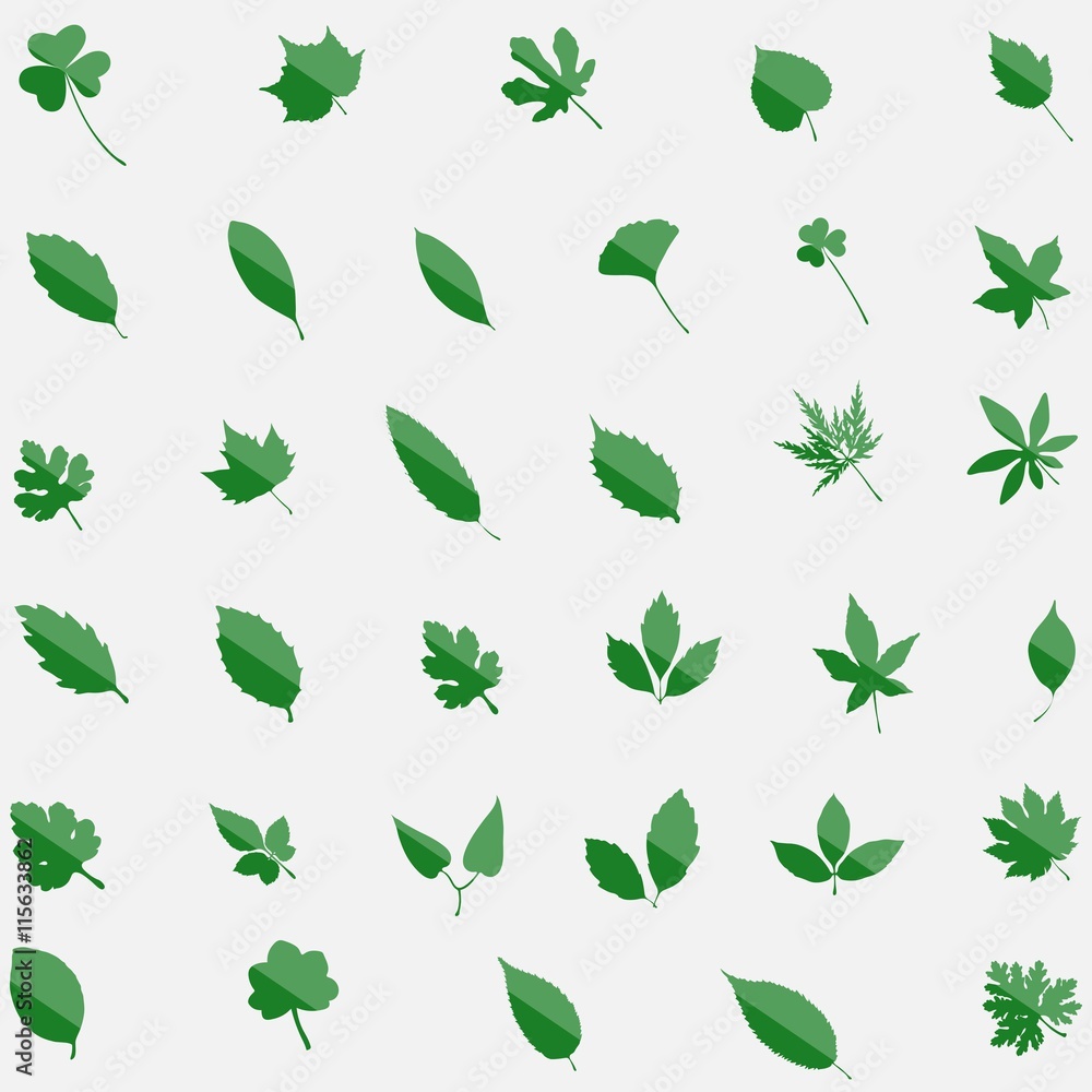 Green set of 35 leavs icons isolated on background. Modern flat