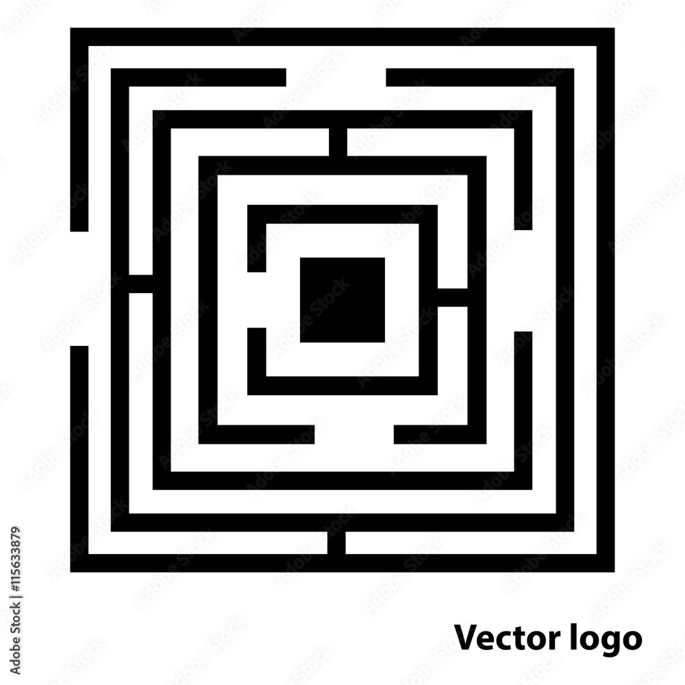 abstract maze logo, flat black labyrinth icon isolated on white abstract maze logo, flat black labyrinth icon isolated on white