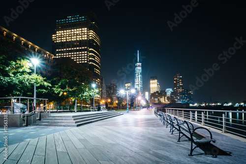 Waterfront promenade at Hudson River Park at night in Lower Manh photo
