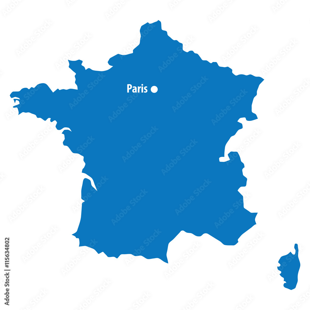Blue similar France map with capital city Paris. DC point isolat