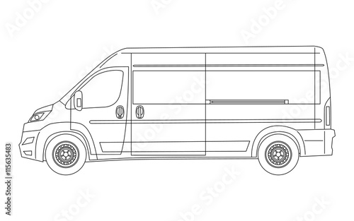 Modern van blueprint - side view. Outline version. Vector.