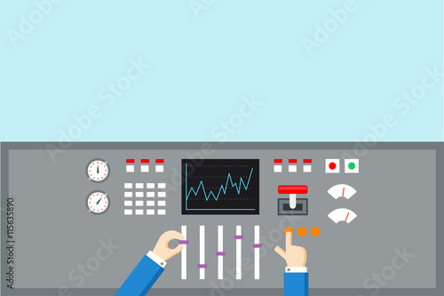 Control and Regulation concept. Hands operated  panel - flat vector illustration.