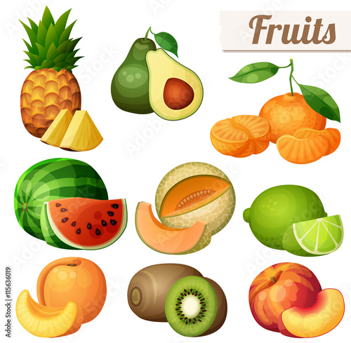 Set of food icons isolated on white background. Fruits. Pineapple (ananas), avocado, mandarin (tangerine), watermelon, melon (cantaloupe) , lime, peach, nectarine