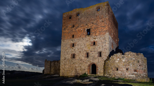 Hammershus castle ruin by night