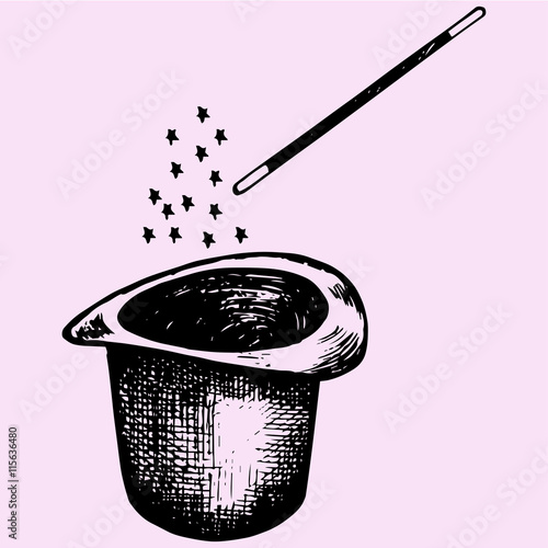 Magic hat and wand with sparkles, doodle style sketch illustration hand drawn vector