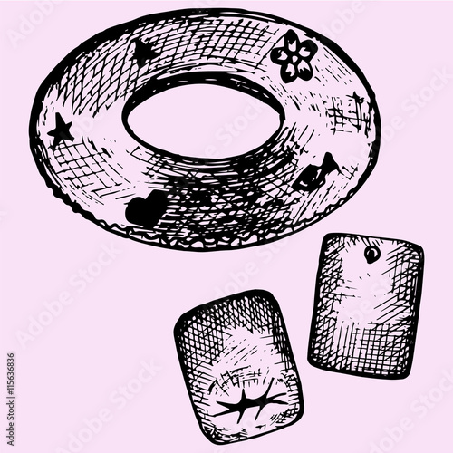 inflatable swim ring, pair water armbands doodle style sketch illustration hand drawn vector