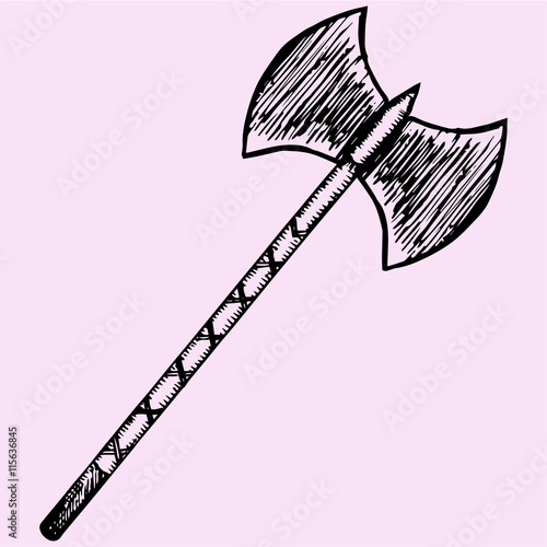 Two blade battle axe halberd doodle style sketch illustration hand drawn vector