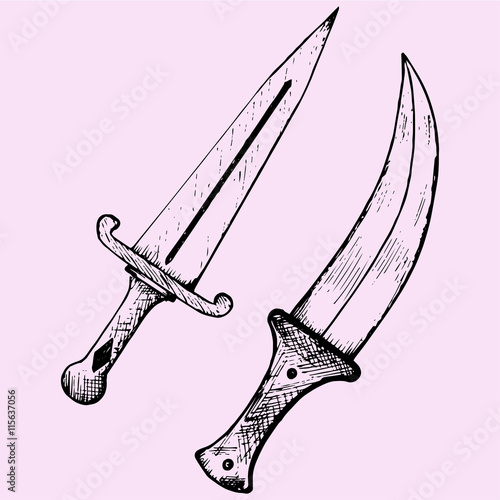 set dagger doodle style sketch illustration hand drawn vector