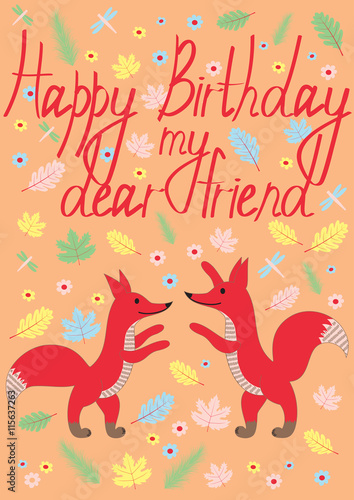Birhday card with cute foxes